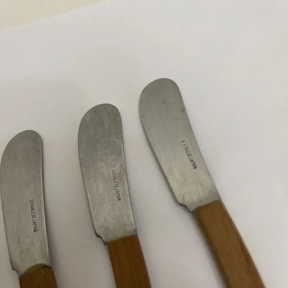 Vtg Stainless Canapé Knife Set Teak Handles Ontaguri Japan Spreaders Set Of 6